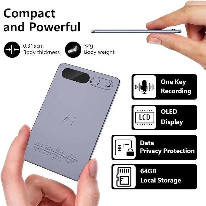 Voice Recorder with Black Case, AI Powered Transcription & Summary, Multiple Language Support, App Control, 64GB Storage, Meeting Friendly