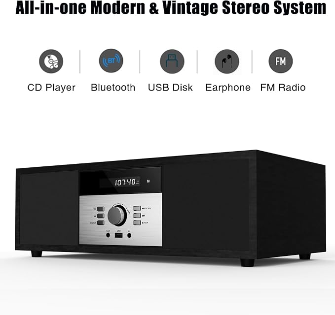 Nostalgic Bluetooth Stereo System for Home, WISCENT Vintage Micro HiFi Systems CD Player,with Bluetooth Audio Streaming,FM Radio,USB Port,Aux-in,Earphone Port (Black CD Player)