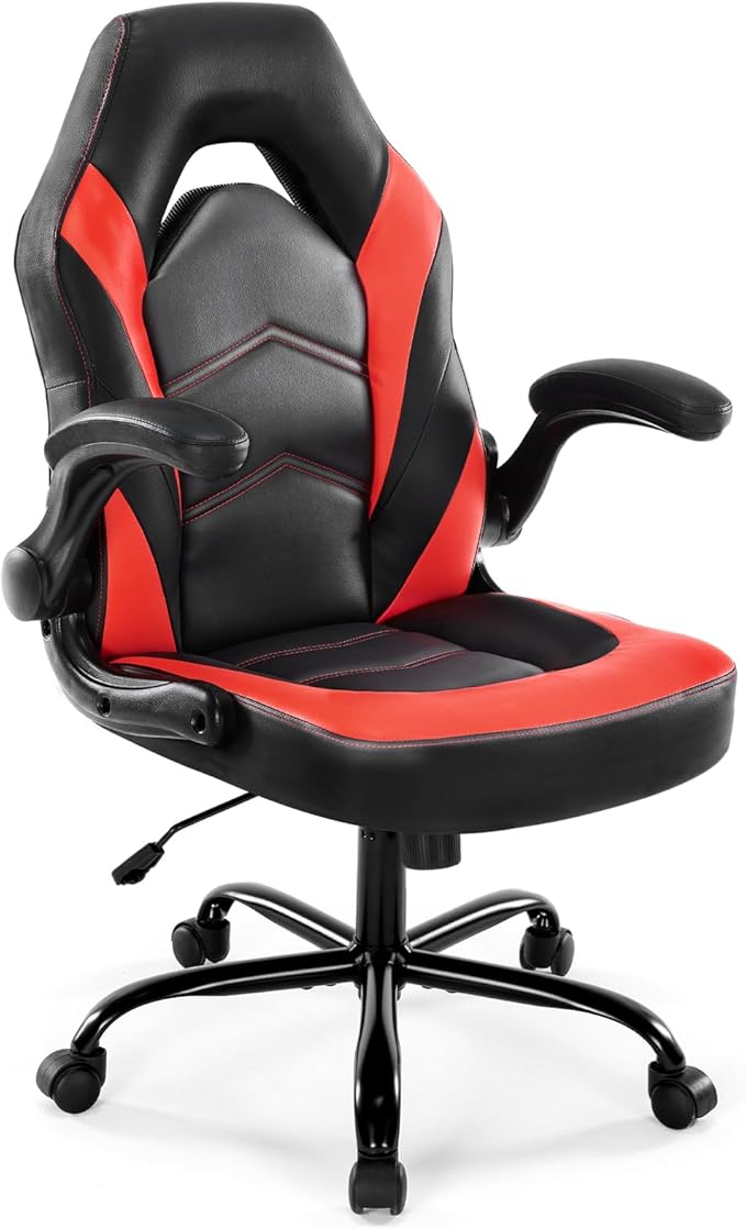 Ergonomic Gaming Desk Chair - Adjustable PU Leather Swivel Racing Chair with Flip-up Armrests for Home Office and Entertainment, Perfect for Adults, Kids, and Gamers, Black Red