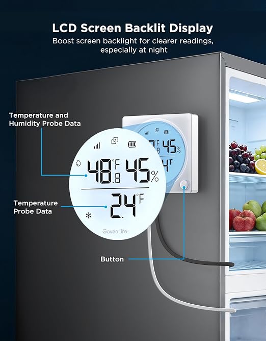 GoveeLife 2.0 WiFi Refrigerator Thermometer with Dual Probes, 1840ft Ultra-Long Range, Temperature & Humidity, Large LCD Display, Freezer Alarm, App Notification for Fridge, Kitchen, Farming