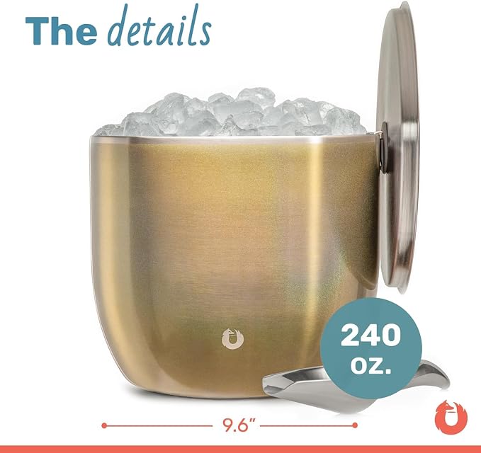 Snowfox XL Premium Vacuum Insulated Double Wall Stainless Steel Ice Bucket with Lid/Scoop, Bar Accessories, Large Elegant Party Bucket, Chill Several Bottles, Beautiful Entertaining, 7L, Shimmer Gold