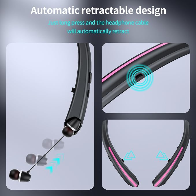 Neckband Retractable Bluetooth Headphones, Wireless Headset with 22H Playtime, Sweat-Resistant Sports, Dual Device Connect, Noise Cancelling Earphones with Mic (Pink)