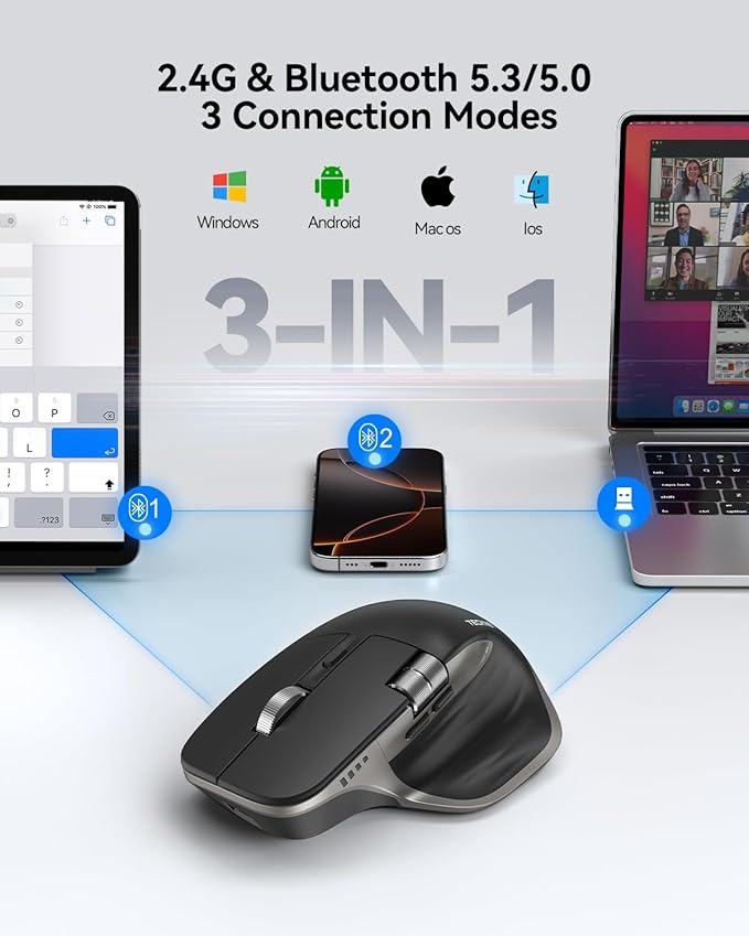 TECKNET Wireless Mouse, Bluetooth Mouse (BT5.3/5.0 & 2.4G) Rechargeable Ergonomic Optical Mouse with 6 Adjustable DPI, Side Scroll, Quiet Clicks, USB A Receiver, 7 Buttons, Wide Compatibility - Grey