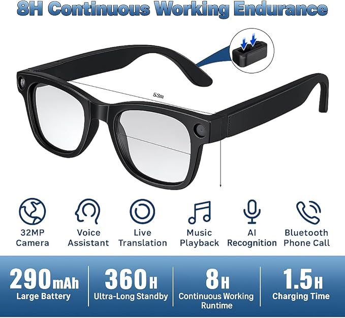 TREEFIA AI Smart Glasses with 1080P HD Camera, AI Real-Time Translation, Bluetooth Audio – Smart Glasses with Camera, Hands-Free Video Recorder for Travel, Sports, Outdoor Use (E03S Black)
