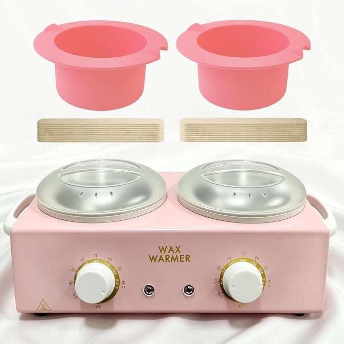 Wax Warmer for Hair Removal, Dual Pot Wax Melter Machine with Silicone Bowls & 20 Wooden Sticks, Adjustable Temperature Pink Wax Heater for Home Spa & Salon Use