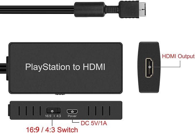 Y.D.F PS2 to HDMI Adapter PS2 HD-Link Cable Converter Support 4:3/16:9 Screen Aspect Ratio Switch Works for PlayStation 1/ PlayStation 2 HD Link Cable PS1 HDMI Adapter Converter