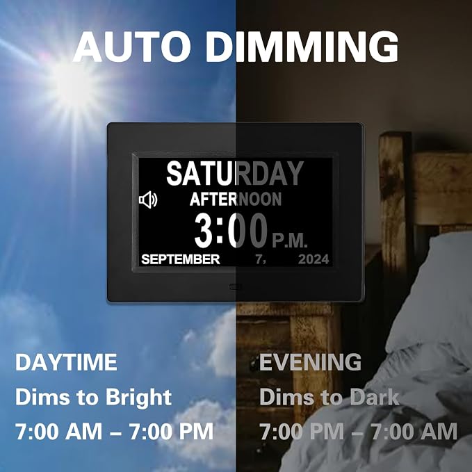 JALL 7" Large Digital Calendar Day Clock for Seniors 2026 - Easy to Read Alzheimer's Dementia Memory Loss Clock for Elderly with IPS Wide Angle，Day & Date, 12 Custom Alarms & Auto-Dimming, Black