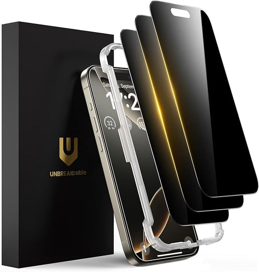 UNBREAKcable Privacy Screen Protector for iPhone 16 Pro Max (6.9"), 25° Anti-Spy Tempered Glass, Easy Install Alignment Frame, Case-Friendly, 9H Hardness, Anti-Fingerprint, 3-Pack