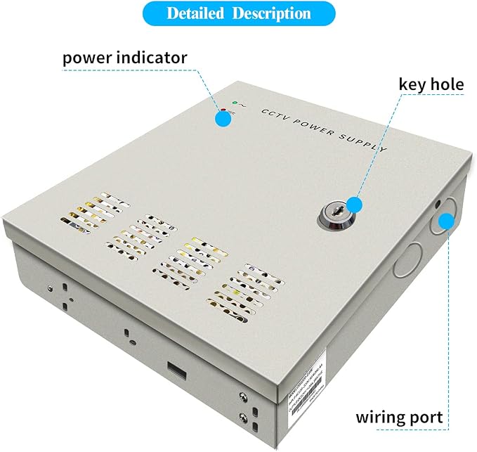 18 Channel 12 Volt DC Output 20A CCTV Distributed Power Supply Box for Security Camera with AC Plug and Lock for Security Cameras, DVRs, CCTV Power Supply (20A 18-Channel)