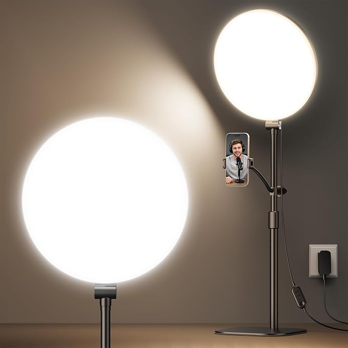 Full-Panel Ring Light with Stand and Extra-Long Flexible Phone Arm for Podcast & Streaming, 10" LED Video Light for Desk, Laptop & Computer, Dimmable Studio Lighting for Recording & Content Creation