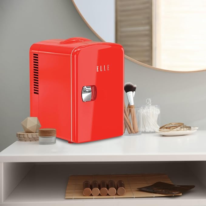 ELLE Multi Purpose 4L Mini Fridge Cooler and Warmer with Cool and Warm Function Removable Shelf Carrying Handle AC DC Power Options for Car Office Bedroom 6 Can Capacity Red
