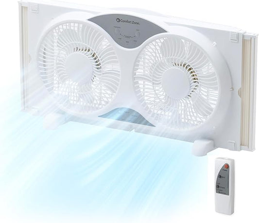 Comfort Zone Window Fan for Bedroom, 9 inch 3 Speed Dual Fans with Auto-Locking Expanders, 3 Modes (Cool, Circulate, Exhaust), Remote Control, Fabric Cover plus Bug Screen, White