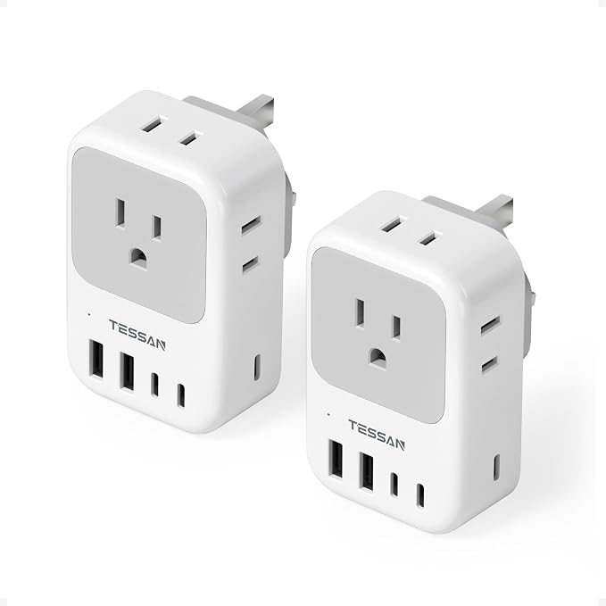 Type G Adapter for Travel 28W, TESSAN US to UK Plug Adapter with 4 Outlets 5 USB Ports (3 USB-C), Power Outlet Adaptor for USA to Ireland England London British Scotland Hong Kong Kenya, 2 Packs