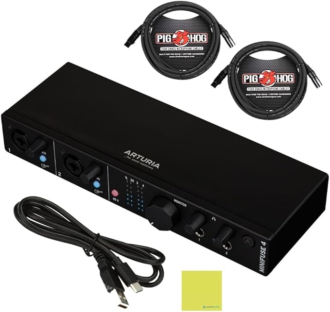 Arturia MiniFuse 4 Versatile Desktop USB-C Audio Interface, Black w/ 2-Pack Pig Hog PHM10 8mm XLR Microphone Cable and Liquid Audio Polishing Cloth