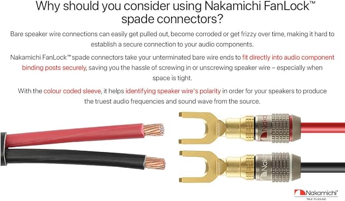 Nakamichi FanLock Excel Series 24k Gold Plated Spade Connector Banana Plug 10 AWG - 18 AWG Gauge Size 4mm for Speakers Amplifier Hi-Fi Home Theatre Wire Cable Quick Connector, 4 Pcs (2-Pairs)