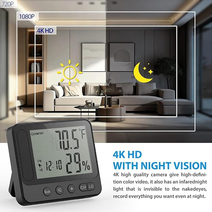 Ultra 4K HD Security Hidden Camera – Wireless Smart Indoor Hygrometer Thermometer with App Remote Control, Motion Detection, Night Vision, Temperature & Humidity Alert and Alarm Clock, Support 2.4G&5G