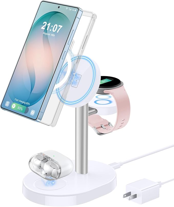 Hevanto 2026 3 in 1 Wireless Charger for Samsung Galaxy, 15W Magnetic Super Fast Charging Station for Samsung Galaxy S26 S25 S24 Ultra S23 Z Fold Flip Watch 8 7 Buds 4 3 2 Series, GrayWhite
