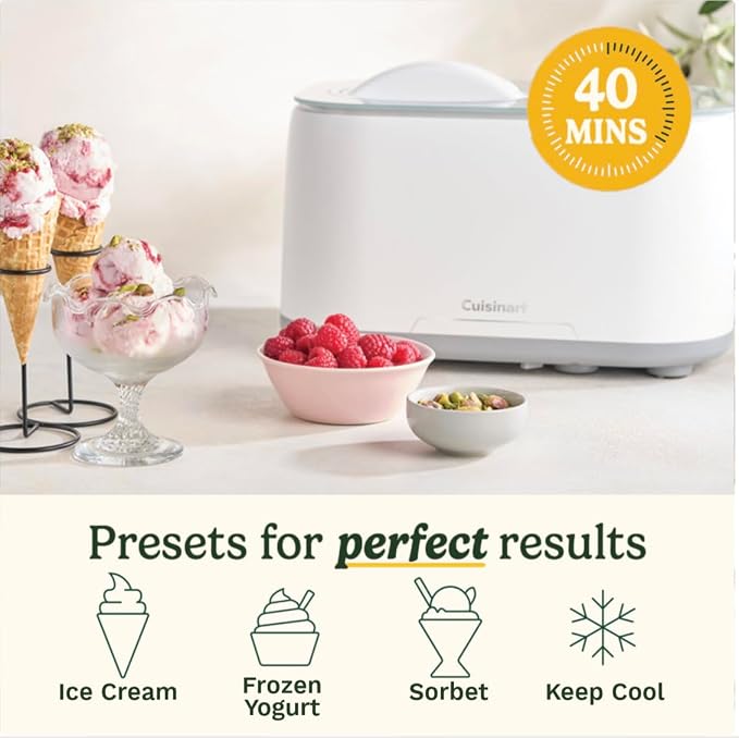 Cuisinart Freeze Ease 1 Quart Ice Cream Maker – Automatic Ice Cream, Frozen Yogurt and Sorbet Machine with Presets, No Pre-Freezing, Compact Countertop Design, ICE-90
