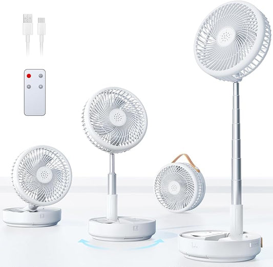 Portable Oscillating Travel Fan, 10400mAh Battery Operated Rechargeable USB Floor Table Desk Fan with Remote, 4 Speed Settings Pedestal Fan for Home Bedroom Office Camping, White,8"