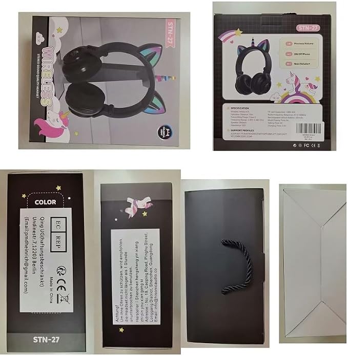 Unicorn Headphones for Girls,Bluetooth Unicorn Headphones Toddler School Laptop Cellphones Plane use, Light Up Wireless Kid Headphone Birthday Gifts (Black)
