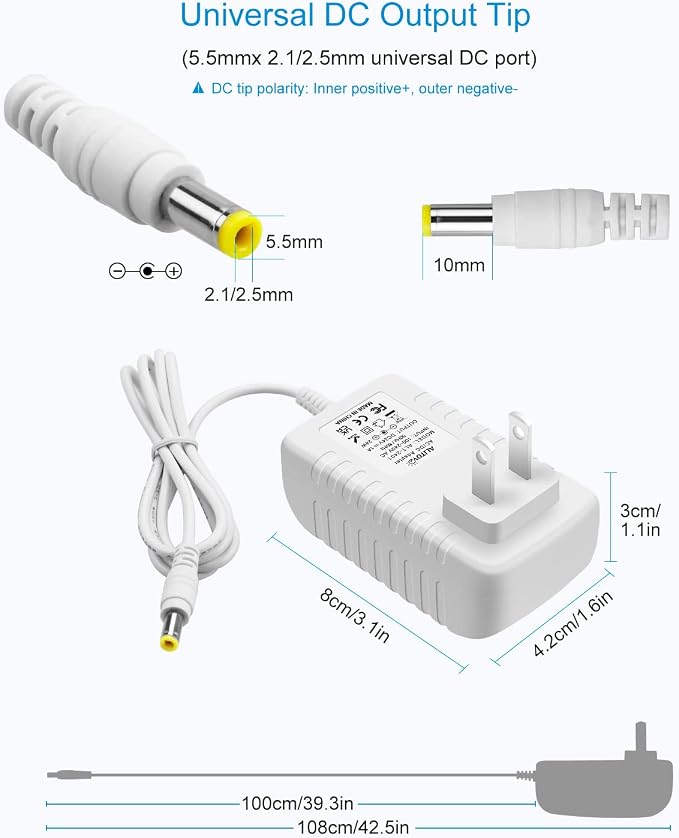 ALITOVE 24V 1A Power Supply 100~240V AC to DC 24 Volt 1 Amp 24W Converter 24 vdc 1000mA 800mA 600mA 400mA 200mA AC Adapter with 5.5mm x 2.5mm 2.1mm Plug for LED Strip Light CCTV Camera DC Pump, White