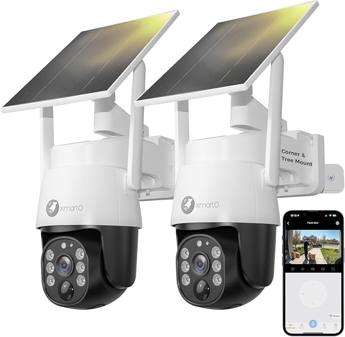xmartO 2-Pack 4MP QHD Wireless PTZ Solar Security Camera, WiFi 6 5G Dual Band, Wire-Free Easy Installation, No Monthly Fee, Outdoor/Indoor Home Use, Wall/Ceiling/Tree/Pole/Corner Mount