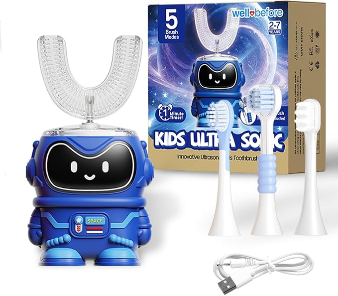 Well Before Kids U Shaped Electric Toothbrush with 5 Brush Heads, Ultrasonic, 5 Modes, IPX7 Waterproof Design (Spaceman, Vib-Blue, Ages 2-7)