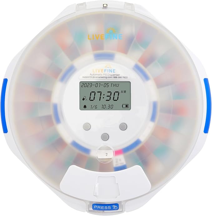 LiveFine Automatic Pill Dispenser with 28-Day Electronic Medication Organizer, 6 Dosage Rings, LCD Display with Sound & Light Alerts, Key & Magnifying Glass for Prescriptions, Vitamins & Supplements