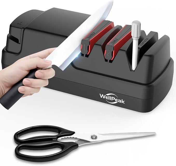 4-Stage Professional Electric Knife & Scissor Sharpener for Home Commercial Chef, Diamond Abrasive for Straight Edge Chef Knives, Detachable Ceramic Hone Rod for Serrated Knives Polishing