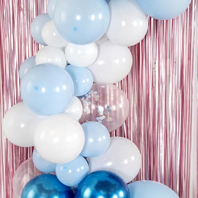 Restaurantware-Balloonify Balloon Garland Set, 1 Party Decoration Kit - 102 Balloons, With Chain, Metallic Blue, White, & Silver Latex Balloon Arch Kit, Includes Glue Dots