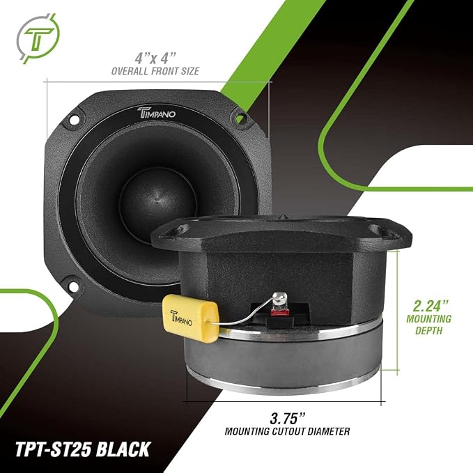 Timpano Super Tweeter 4 Inch TPT-ST25 Black, 8 Ohm, 900 Watts Max, 107 dB, 1.5 in Voice Coil, HIgh Sensitivity, Slim Profile Bullet Tweeters Speakers for Pro Audio (Pair)