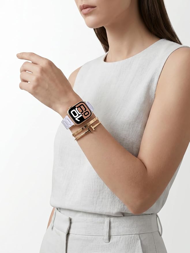 V-MORO Resin Band Compatible with Apple Watch Bands Series 11/10/9/8/7 41mm 42mm 40mm 38mm Fashion Lightweight Bracelet Strap Replacement for iWatch 6/5/4/3/2/1/SE Women Men(White-tone)