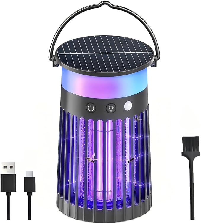 Solar Bug Zapper Outdoor & Indoor, 4200V Electric Mosquito Killer w 4000mah USB Rechargeable Battery, Fly Trap for Gnat, Fruit Fly, Moths, Portable Pest Control for Camping, Garden, Patio