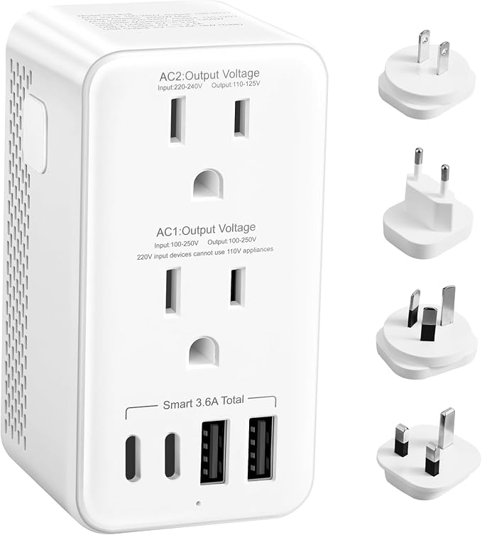 Voltage Converter US to Europe, 220V to 110V Step Down Converter for Travel, 2500W Power Converter Adapter Combo with USB-A USB-C and UK/AU/US/IT/EU Travel Plug Adapters, 1200W Hair Dryer Compatible