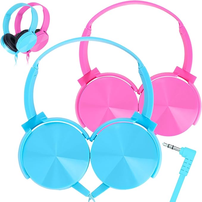 2 Pack Kids Headphones for School Classroom K-12, Swivel Foldable, HD Stereo, 3.5mm Jack Wired Headphone for Kids Children Student (Blue+Pink)