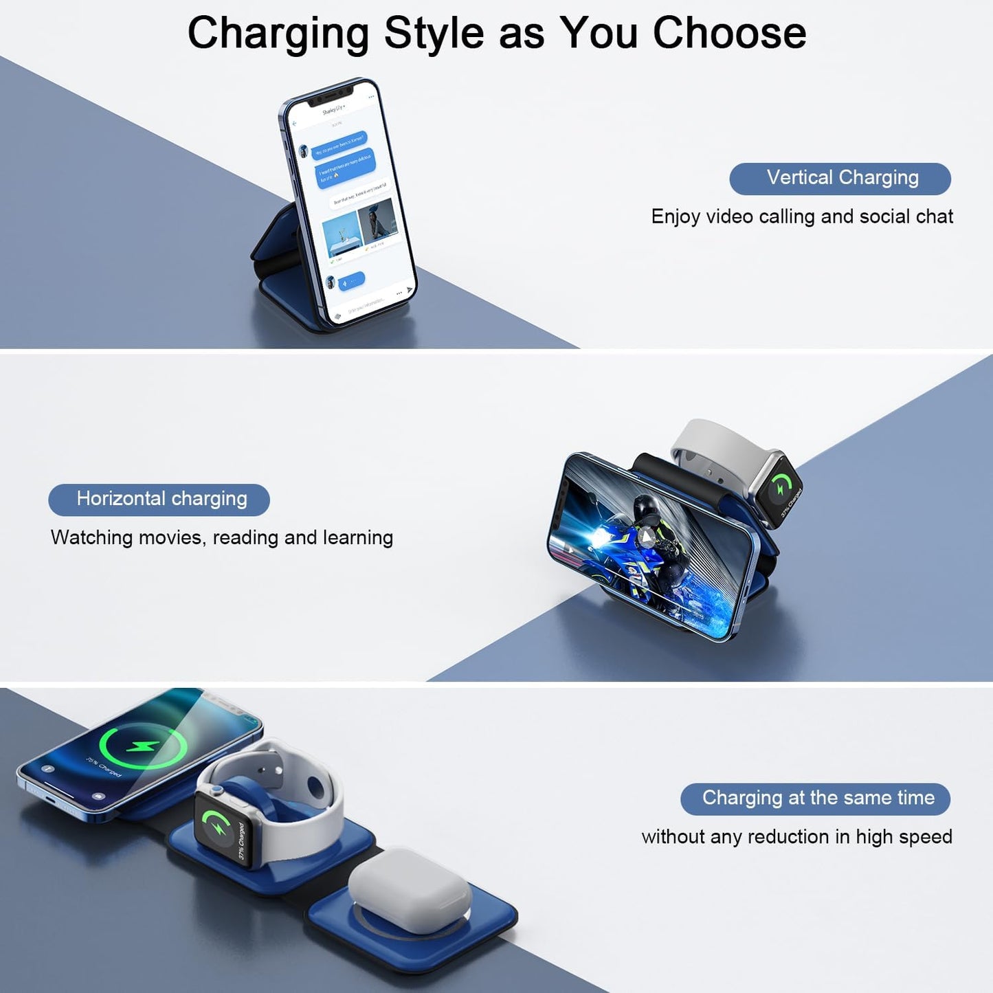 Wireless Charger 3 in 1,RTOPS Magnetic Travel Wireless Charging Station Multple Devices,GaN 3 in 1 Charging Station,Compatible for iPhone16/15/14/13/Pro/Max,iWatch,AirPods4/3/2/Pro(Adapter Includes)