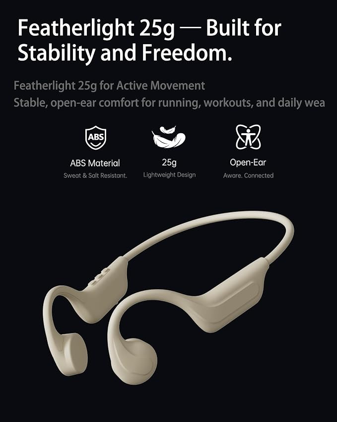New Bone Conduction Headphones Bluetooth 6.0, Open Ear Headphones with Mic, 3 EQ Modes, Anti-Leak Audio, Dual Pairing, 10H Playtime, 25g Lightweight, IP65 Waterproof for Running, Cycling & Hiking