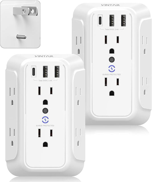 VINTAR 2 to 3 Prong Outlet Adapter, 6 Outlet Extender with 3 USB Ports (1 USB C, 3.4A), 2 Prong Power Strip, Polarized Plug, 3 Sided Wall Charger Surge Protector, Multi Plug for Non Grounded Outlets
