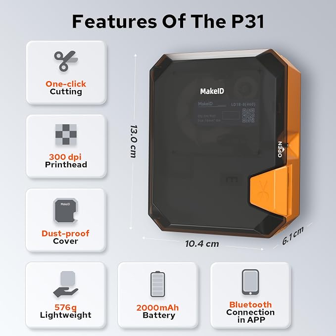 Makeid P31 Industrial Label Maker, Portable Bluetooth Printer with 0.75" x 19.68ft L Label, Wire and Cable Labeling Machine for Job Sites