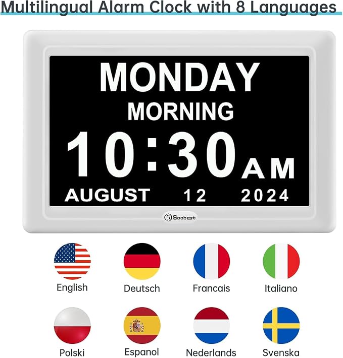 Soobest Dementia Digital Clock for Seniors Elderly, 20 Alarm Reminders 3 Ringtones for Memory Loss Alzheimers, Electric Time Date Day Large Display Calendar Clock, Auto DST, 1024 * 600P HD