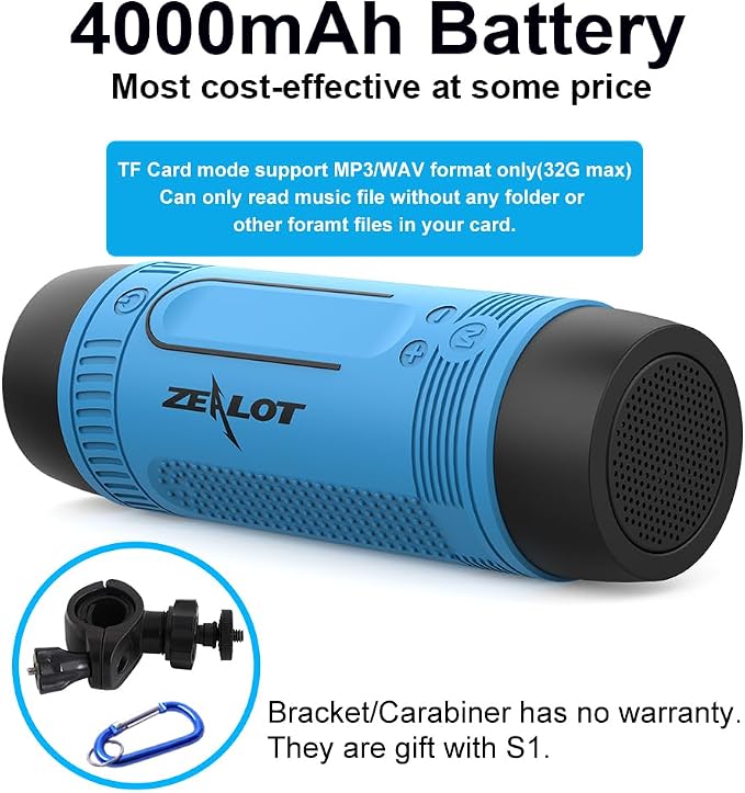 ZEALOT S1 Bluetooth Speaker, Handlebar Speakers for Bike, Portable Speaker with LED Torch Light, Waterproof IPX5, LED Light, TF Card Play, for Indoor/Outdoor/Hiking/Camping/Travel (Blue)