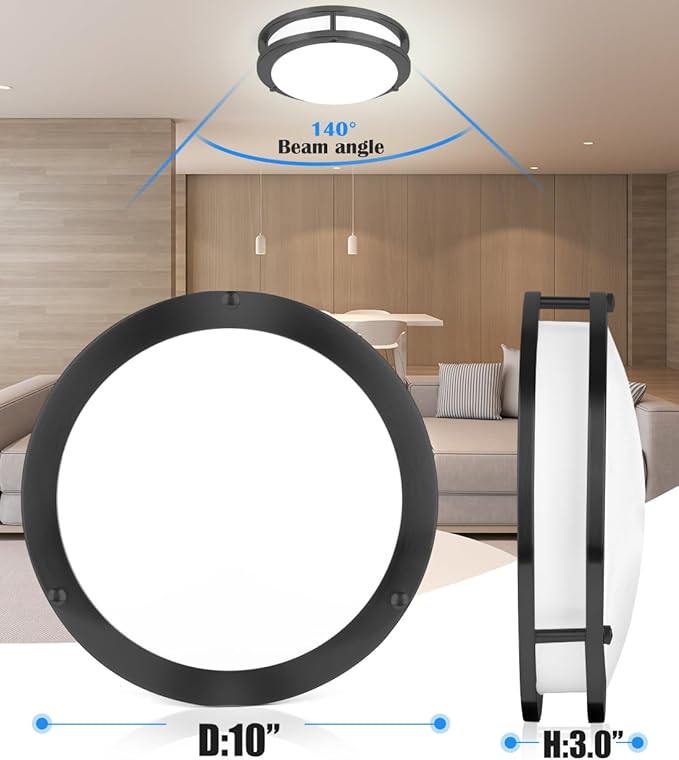 10” Matt Black Ceiling Light Fixture -10 Inch Flush Mount LED Ceiling Light for Bedroom Bathroom Closet Kitchen LED Fixture 2700K/3000K/3500K/4000K/5000K Adjustable,17W, ETL Listed