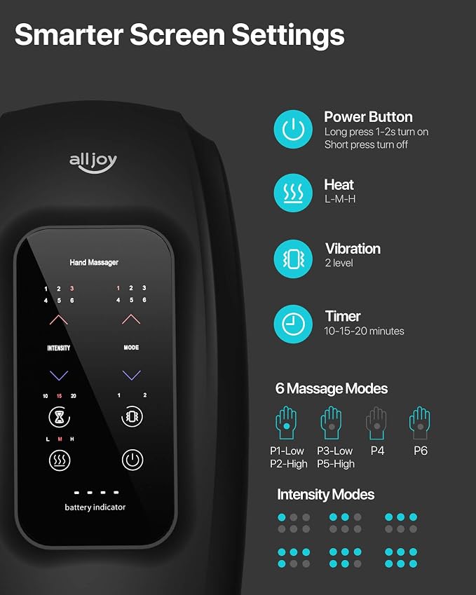 ALLJOY Hand Massager for Arthritis and Carpal Tunnel Relief, Touchscreen Cordless Hand Massager with Vibration and Heat, 6 Levels Pressure Point Therapy, FSA Eligible HSA, Gifts for Women Men