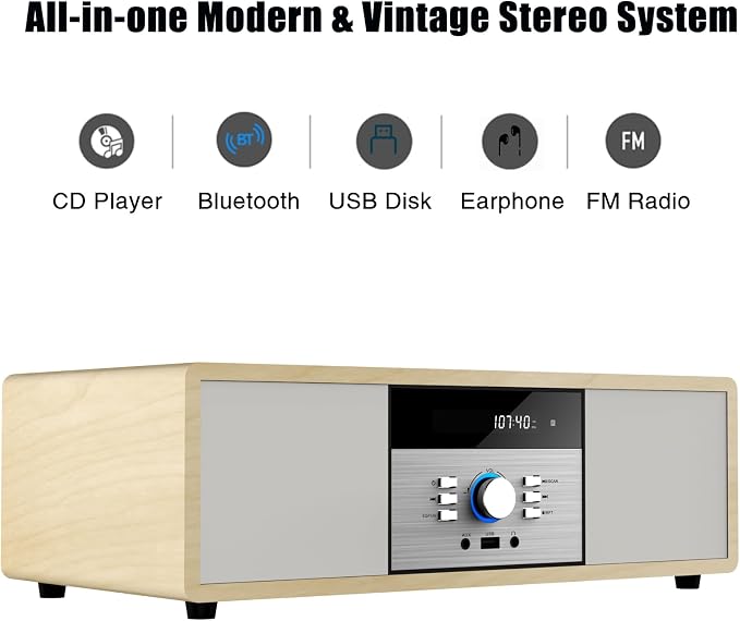 Nostalgic Bluetooth Stereo System for Home, WISCENT Vintage Micro HiFi Systems CD Player,with Bluetooth Audio Streaming,FM Radio,USB Port,Aux-in,Earphone Port (Wood Color)