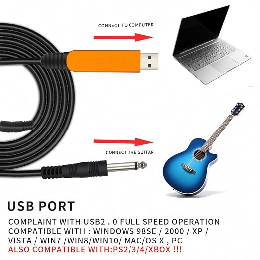 USB Guitar Cable for Instruments Recording 10FT USB-A to 6.35mm 1/4 TS Gold-Plated Cable Audio Adapter for Eletronic Guitar, Bass, Piano Recording Compatible with PC, Mac etc. - 10FT/3.1M