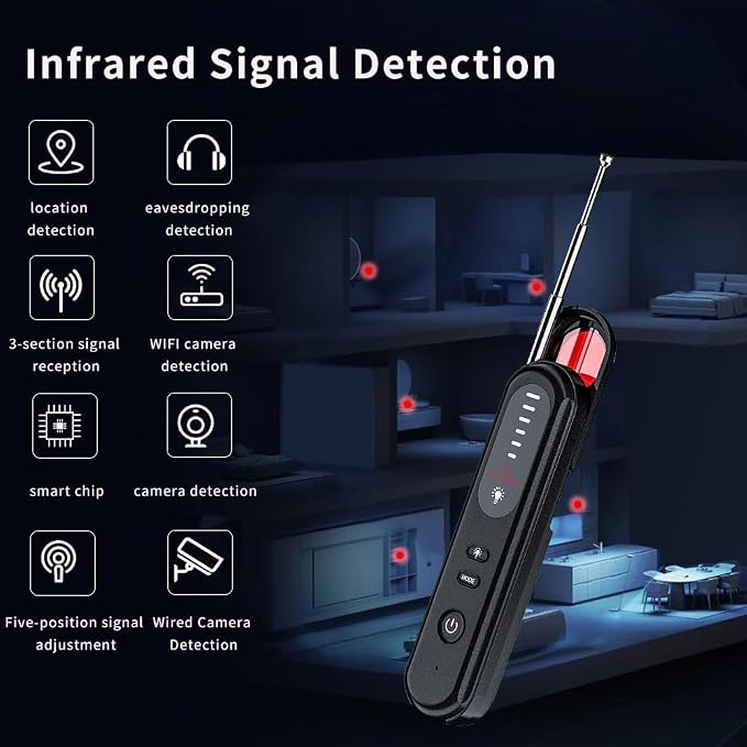Anti-Spy Hidden Camera Detector 6-in-1, GPS Tracker & Bug Detector, RF Signal Scanner, Rechargeable Privacy Protector for Travel, Hotel, Home, Office & Car (Black)