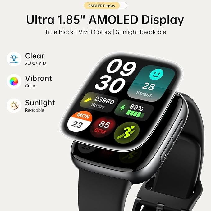 Quican Smart Watch for Women Men (2 Bands), 1.85" AMOLED Smartwatch for iPhone & Android Phones, Heart Rate/ SpO2/ Sleep Monitor, 3ATM Waterproof, Calls & Messages, 120+ Sports Modes Fitness Tracker