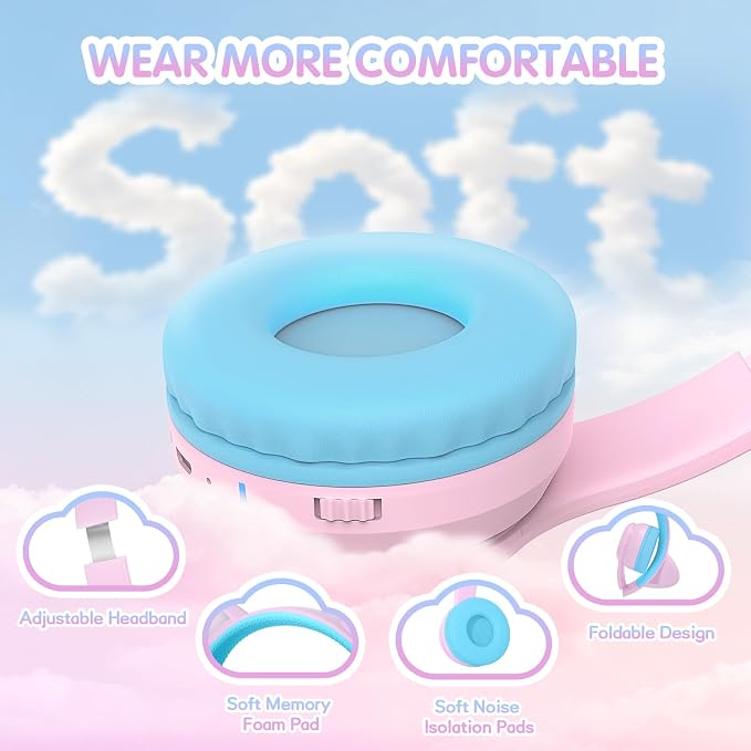 IFECCO Kids Wireless Headphones with Case,Cute LED Light Up Cat Ear Children Girls Bluetooth 6.0 Headphones Volume-limiting for School iPad Tablet Gifts
