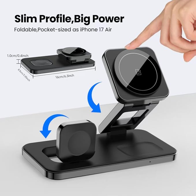 3 in 1 Magnetic Wireless Charger for Multiple Devices, Fast Foldable Travel Mag-Safe Charger Stand for iPhone 17 16 15 14 13 12, Wireless Charging Station for iWatch Series, for AirPods Black