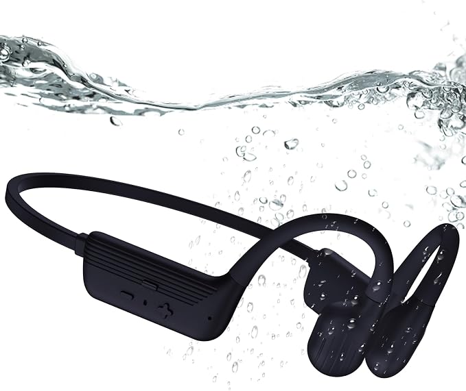 Swimming Headphones, IP68 Waterproof Bone Conduction Headphones, Bluetooth 6.0&MP3 with32GB Memory Card, Skin Open Ear Swim Earbuds with Adjustable Headband for Swim Cap/Hat, Magnetic Charging(Black)